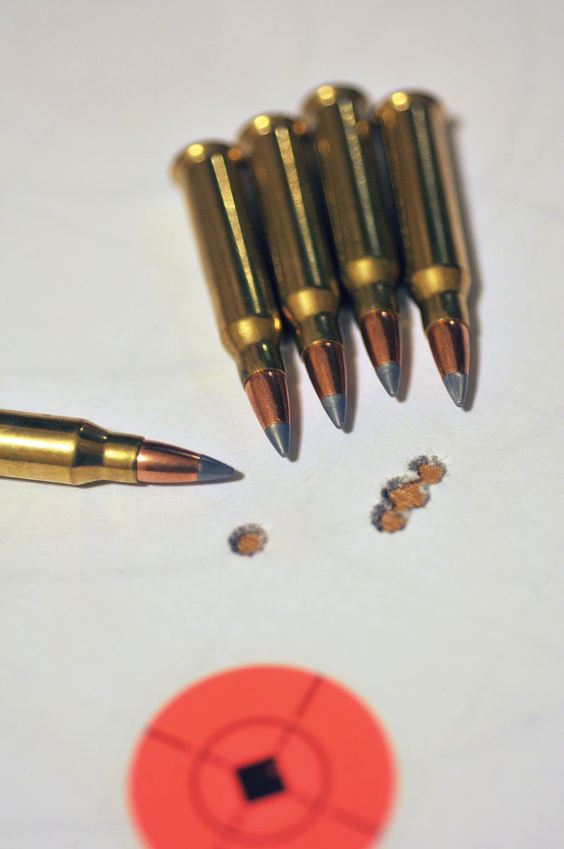 One errant shot spread this group with Winchester 25-grain Varmint HE loads to .756 inch – not bad for a rimfire hunting rifle at 100 yards. Five-shot groups averaged 1.186 inches.